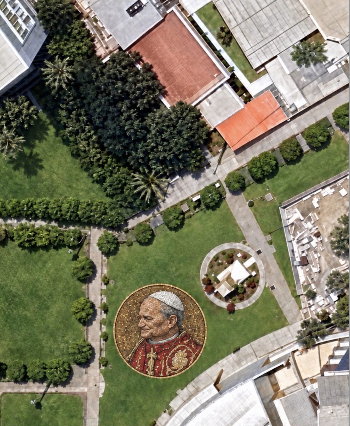 Aerial mock-up of the round tile-and-stone portrait of Pope Leo XIV set into the lawn
