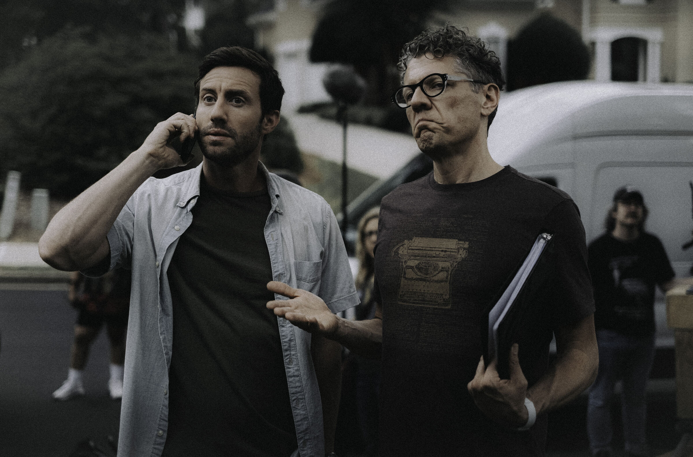 Marc Havener and crew coordinating on set